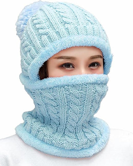 HUAMULAN Women Winter Beanie Hats One Piece Fleece Lined Knit Balaclavas Mask Set Skull Neck Circle Scarf Ski Snow Hat Pompom
