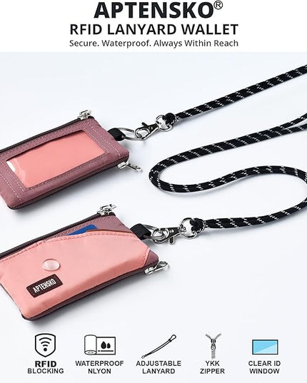 RFID Travel Wallet with Adjustable Lanyard-Zipper Small Wallet with ID Card Holder, Keychain for women&men-Minimalist Slim Waterproof Nylon case for ID, Cash, Key (CoralBlush+Mauve)