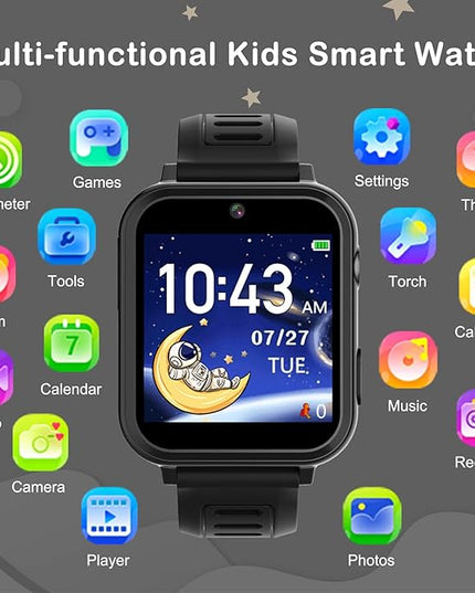 Phyulls Smart Watch for Kids, Smart Watch Toys with 39 Games Camera Video Recorder Music Alarm Calculator Calendar Flashlight Stopwatch Pedometer Gift Toys for 3-12 Years Old Boys and Girls (Black)
