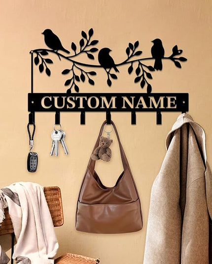 Personalized Custom Name Birds of Trees Wall Key Hooks,Metal Birds of Trees Art Clothes Hooks,Metal Birds of Trees Wall Home Storage Decorative,For Front Door, Hallway, Kitchen, Bedroom(Style H)