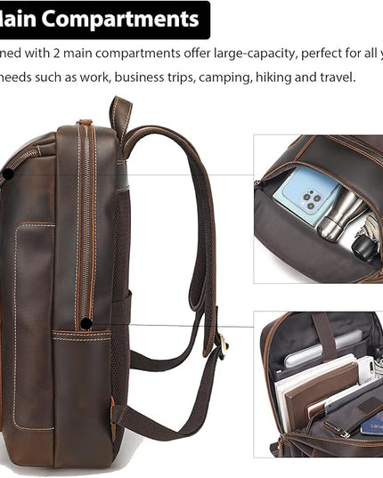 LANNSYNE Full Grain Leather Backpack For Men, 17" Laptop Backpack, Casual Outdoor Business Travel Rucksack, YKK Zippers