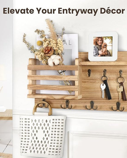 Nekon Mail Holder for Wall Mail Organizer with Key Hooks Hallway Farmhouse Decor Storage Racks with Floating Shelf and Flush Mount Hardware (16.8Inch x 10Inch x 3.2Inch) (Wood)