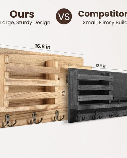 Nekon Mail Holder for Wall Mail Organizer with Key Hooks Hallway Farmhouse Decor Storage Racks with Floating Shelf and Flush Mount Hardware (16.8Inch x 10Inch x 3.2Inch) (Wood)