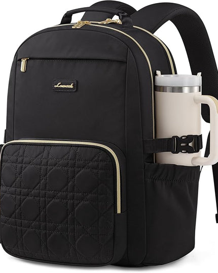 LOVEVOOK Laptop Backpack for Women with Pouch Pocket for Large Capacity Cup,15.6 Inch Teacher Nurse College Work Backpack Purse,Waterproof Laptop Bag Computer Back Pack for Travel,Black+Wicker pattern