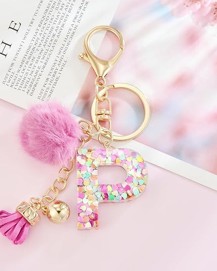 Resin Alphabet Initial Letter Keychain Keyring for Women Purse Handbags With Fur Ball Pom