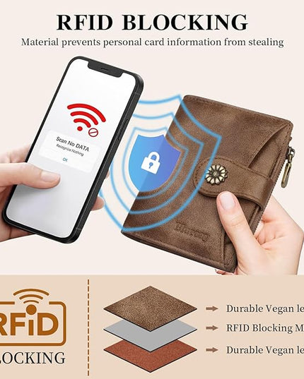 Blucoay Womens Wallet,RFID Blocking Wallet Women Soft Leather Bifold Wallets For Women Card Holder With Removable ID Window redbrown