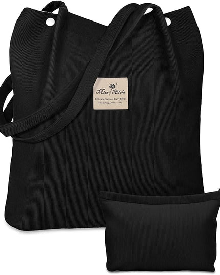 Aesthetic 2 Pack Corduroy Tote Bag - with Makeup Pouch Bag for Women Reusable Grocery Bag for Gym, Travel, Work