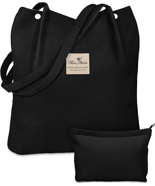 Aesthetic 2 Pack Corduroy Tote Bag - with Makeup Pouch Bag for Women Reusable Grocery Bag for Gym, Travel, Work