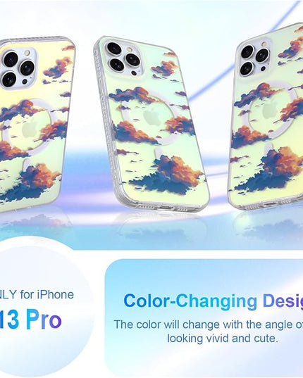 Cute Case for iPhone 13 Pro Case for Women Girls [ Compatible with Magsafe ] Aesthetic Cloud Pattern Design, Girly Glitter Sparkly Bling Protective Phone Cover, Iridescent Sun Set Sky