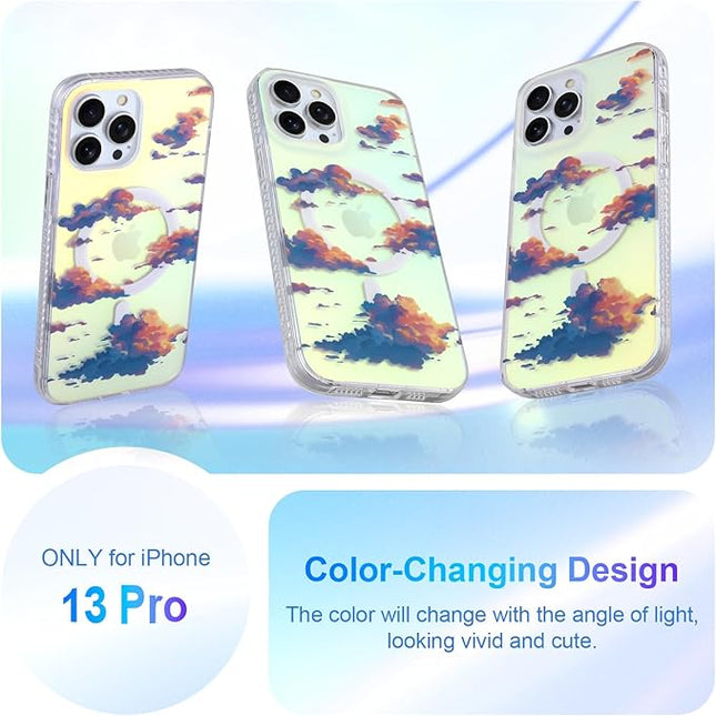 Cute Case for iPhone 13 Pro Case for Women Girls [ Compatible with Magsafe ] Aesthetic Cloud Pattern Design, Girly Glitter Sparkly Bling Protective Phone Cover, Iridescent Sun Set Sky