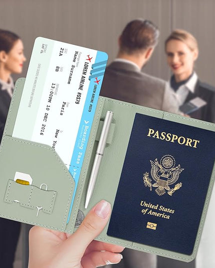 ACdream RFID BLOCKING Passport Holder Travel Wallet, Premium PU Leather Cover Passport Book with Card Holder, Pen Holder, Keep Organization, and Travel Essentials for Women and Men, Agave Green