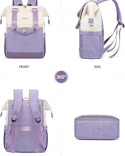 LOVEVOOK Laptop Backpack for Women, 15.6 Inch Work Laptop Bag with USB Port, Fashion Teacher Nurse Backpack Purse, Waterproof Travel Computer Backpack with Organizer Bag, 2PCS, Beige-Light Purple