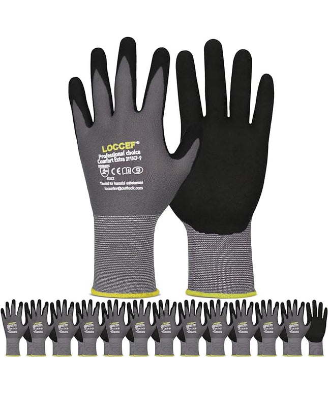 LOCCEF Work Gloves MicroFoam Nitrile Coated-6 Pairs,Seamless Knit Nylon Gloves,Gray Work gloves
