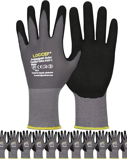 LOCCEF Work Gloves MicroFoam Nitrile Coated-6 Pairs,Seamless Knit Nylon Gloves,Gray Work gloves
