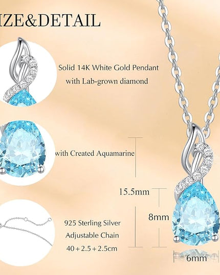 FANCIME 14K Solid White Gold Teardrop Pendant with Diamond Birthstone Necklace