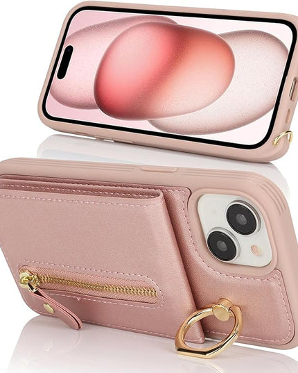for iPhone 15 Wallet Case with Card Holder, for iPhone 15 Case Wallet with Strap Credit Card Slot, Crossbody Bag with Zipper Case for iPhone15 - Rose Gold
