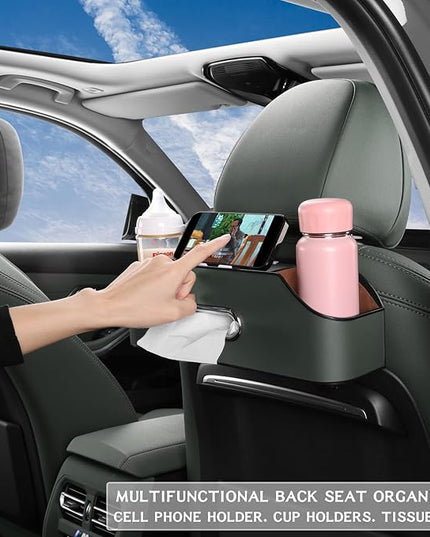 HOLDCY Car Back Seat Organizer with 2 Drink Cup Holder - Tissue Box and Storage Box Hook - Multi-functional Storage - Great for Kids and Travel (Green)