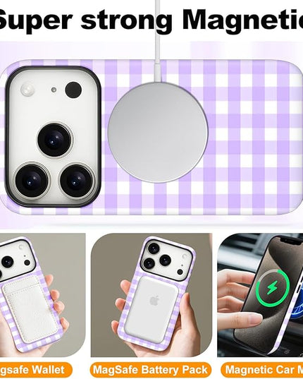 Magnetic for iPhone 17 Pro Max Case Cute Checkered Stripes Phone Case for Women Girls, Shockproof Slim TPU and Hard PC Protective Phone Cover Compatible with MagSafe Designed, Purple