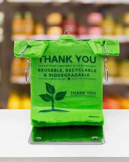 100 Count 100% Biodegradable Thank You Bags – Compostable, Recyclable, Eco-Friendly Grocery T-Shirt, 11.5" x 6.25" x 21", 16 Mic