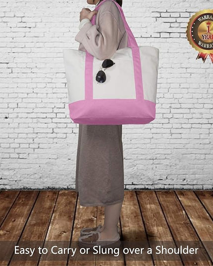 TOPDesign 1-Pack Canvas Tote Bag with an External Pocket, Reusable Grocery Shopping Bag, Top Zipper Closure, Daily Essentials (Pink/Natural)
