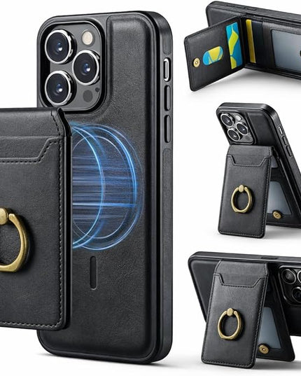 Mizi 3-in-1 Mag Safe Wallet with Stand & Ring Grip, Strong Magnetic Vegan Leather Card Holder, RFID Blocking, Holds 5 Cards, for iPhone 17/16/15/14/13/12 Series (Not for 13/12 Mini) - Black