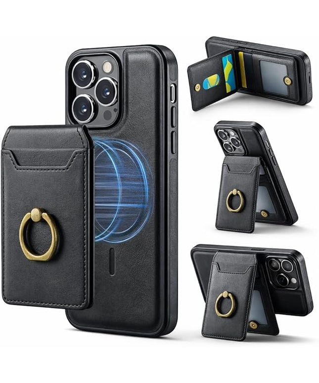 Mizi 3-in-1 Mag Safe Wallet with Stand & Ring Grip, Strong Magnetic Vegan Leather Card Holder, RFID Blocking, Holds 5 Cards, for iPhone 17/16/15/14/13/12 Series (Not for 13/12 Mini) - Black