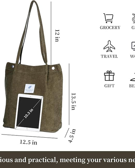 Corduroy Tote Bag Cute Tote Bags for Women Shoulder Bag with Inner Pocket for Work Beach Travel and Shopping Grocery
