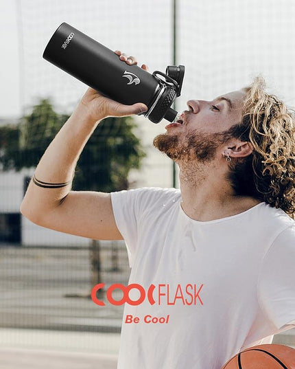 Coolflask Water Bottle 24 oz Insulated with Straw, Stainless Steel Metal 3 Lids Water Flask Wide Mouth for Sports or Office, Non-BPA Keep Cold Up to 48 Hrs or Hot Up to 24 Hrs, Magic Black