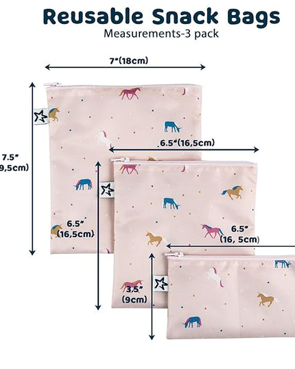 Tiny Twinkle Reusable Snack Bags for Kids – 3 Pack Snack Pouches & Sandwich Bag for Toddlers – Machine Washable, Mess-Proof for Lunch & Travel (Unicorn)