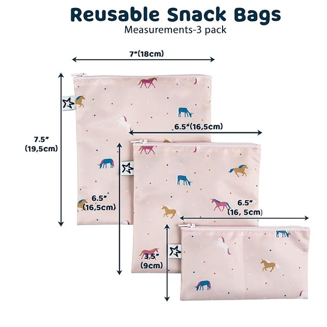 Tiny Twinkle Reusable Snack Bags for Kids – 3 Pack Snack Pouches & Sandwich Bag for Toddlers – Machine Washable, Mess-Proof for Lunch & Travel (Unicorn)