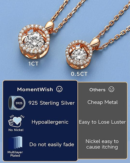 MomentWish Floating Necklace for Women, 0.5/1 Carat Dancing Moissanite Necklace for Her 925 Sterling Silver Pendant Anniversary Birthday Christmas Gift for Wife Mom Girlfriend