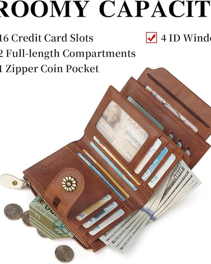 Blucoay Wallet Women,RFID Blocking Leather Womens Wallet Bifold Compact Card Holder Small Wallet for Women with Removable ID Window(Whitebrown)