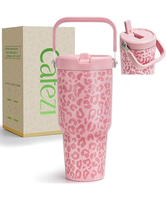 30 oz Flip Straw Tumbler, Stainless Steel Vacuum Insulated Tumblers with Handles, Reusable Insulated Water Bottle for Home, Office, Leakproof, Fit in Cup Holder