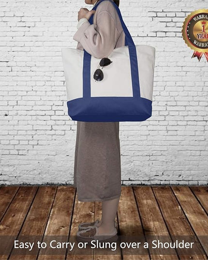 TOPDesign 3-Pack Canvas Tote Bags with an External Pocket, Reusable Grocery Shopping Bags, Top Zipper Closure, Daily Essentials (Blue/Natural)