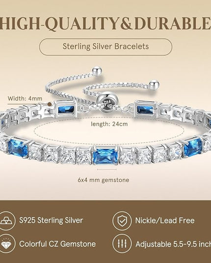 FANCIME Birthstone Bracelet for Women, Sterling Silver 4x6mm Gemstone Tennis Bracelet Bolo Adjustable Chain Fine Jewelry Birthday Gifts for Women Mom Wife Her