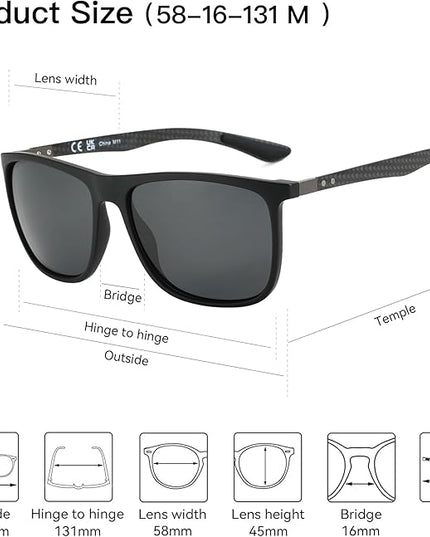 ZENOTTIC Square Polarized Sunglasses for Men Ultralight Carbon Fiber Sun Glasses Driving Fishing Golf Sports UV400 Protection