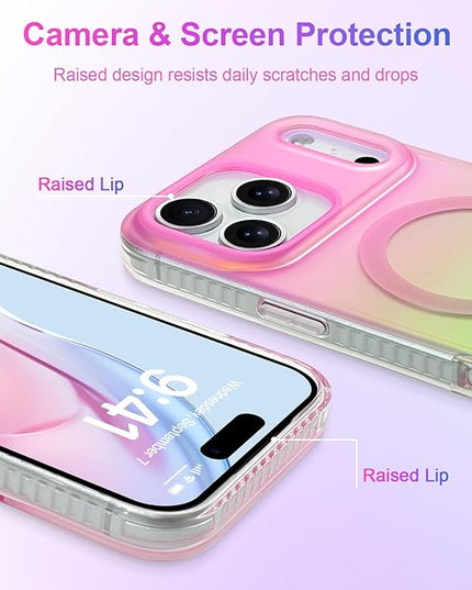 Aesthetic Case for iPhone 17 Pro Max Case for Women Girls [Compatible with Magsafe] Cute Girly Trendy Glitter Sparkly Rainbow Magnetic Protective Phone Cover, Matte Iridescent Pink & Green
