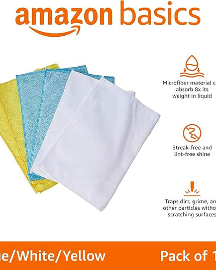Amazon Basics Microfiber Cleaning Cloths for Cars, Non-Abrasive, Highly Absorbent, Lint and Scratch-Free, Reusable and Washable, Car Detailing Towels, 16" x 12", Blue/White/Yellow, 144-Pack