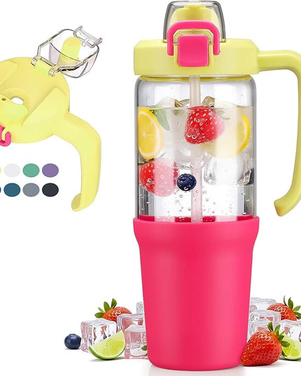 32oz Glass Water Bottle, 2-in-1 Straw and Sip Spout Lid, Leakproof Wide Mouth Tumbler with Handle, BPA-Free Reusable Bottle for Sports, Office, Outdoor, Bright Pink