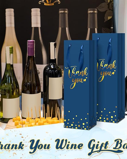 Ctosree 30 Pcs Wine Bottle Gift Bag with Handle 4.3x3.5x13.7 Liquor Paper Bag for Thank You Favor Gold Foil Kraft Whiskey Tote Carrier for Wedding Birthday Bridal Valentine's day Party(Business Blue)