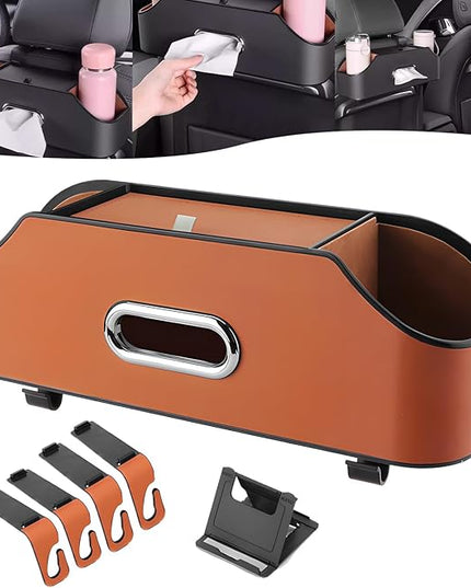 Multifunctional Car Back Seat Storage Organize, 2026 Upgrade 3-in-1 Car Backseat Organizer with Cup Holder, Tissue Box, Trash Bin & Hooks, for Hold Phones, Snacks, Drinks, and Handbags (Red-brown)