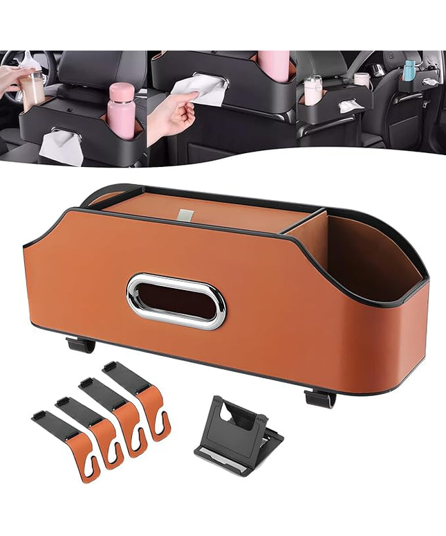 Multifunctional Car Back Seat Storage Organize, 2026 Upgrade 3-in-1 Car Backseat Organizer with Cup Holder, Tissue Box, Trash Bin & Hooks, for Hold Phones, Snacks, Drinks, and Handbags (Red-brown)