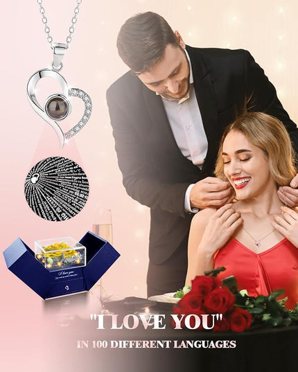 Birthday Gifts for Women, Preserved Real Roses with Heart Necklace I Love You in 100 Languages, Romantic Anniversary Wedding Gifts for Women Her Girlfriend Wife, Forever Roses Necklace Gift Box Yellow
