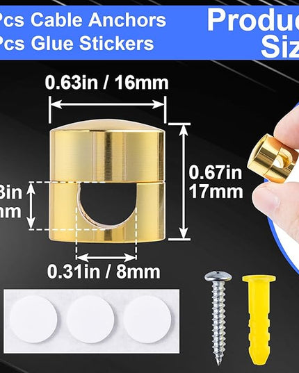 3 Sets Charger Holders for Cords, Gold Adjustable Cable Anchor Holders, Adhesive Metal Cord Clips, Cable Management Wire Organizers for Desk, Office, Nightstand