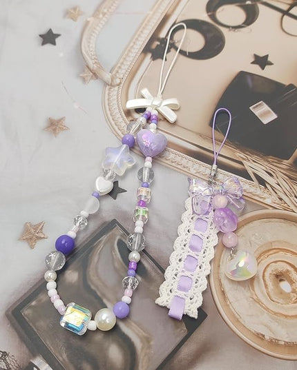 2 Pack Phone Charms, Cute Aesthetic Beaded PhoneCharm Strap Phone Lanyard String PhoneChain Accessories for Bag Keychain Airpods Camera Pendants