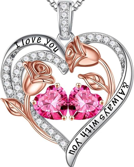 Iefil Christmas Gifts for Women Wife - 925 Sterling Silver Rose Heart Birthstone Necklace Birthday Anniversary Jewelry Gifts for Her Wife Mom Daughter