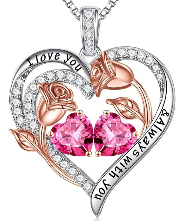 Iefil Christmas Gifts for Women Wife - 925 Sterling Silver Rose Heart Birthstone Necklace Birthday Anniversary Jewelry Gifts for Her Wife Mom Daughter