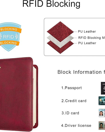 WALNEW Passport Holder for Travel, RFID Passport Cover Wallet for Women Men, PU Leather Passport Book Card Holder Case with Pen (Elastic Band Closure, C-Red)