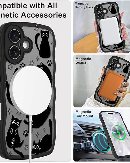 Cute Case for iPhone 17 Case [Compatible with MagSafe] with Kawaii Black Cats Cat Print Pattern Design for Women Girls, Soft Wavy Edge Anti-Slip Animal Magnetic Protective Phone Cover