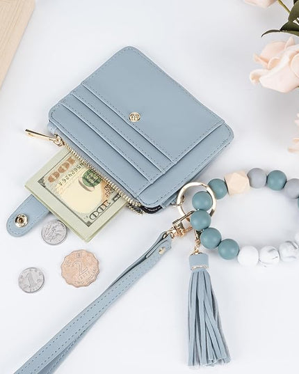 Keychain Wallet with Bracelet RFID Blocking Wristlet Credit Purse Card Holder, Silicone Bead Tassel Key Ring for Women